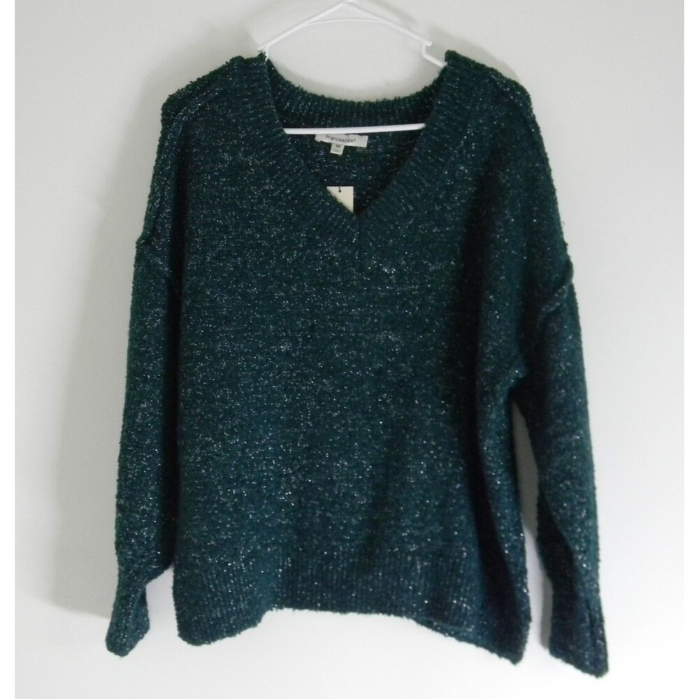 francesca's Green Sweater V-neck Pullover Silver Throughout Size M NWT
